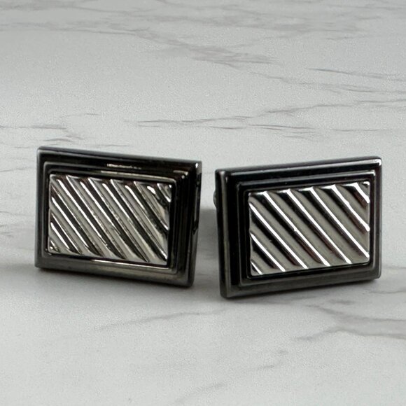 Gunmetal & Silver Rectangular Stripe Cufflinks For Men - Picture 2 of 8